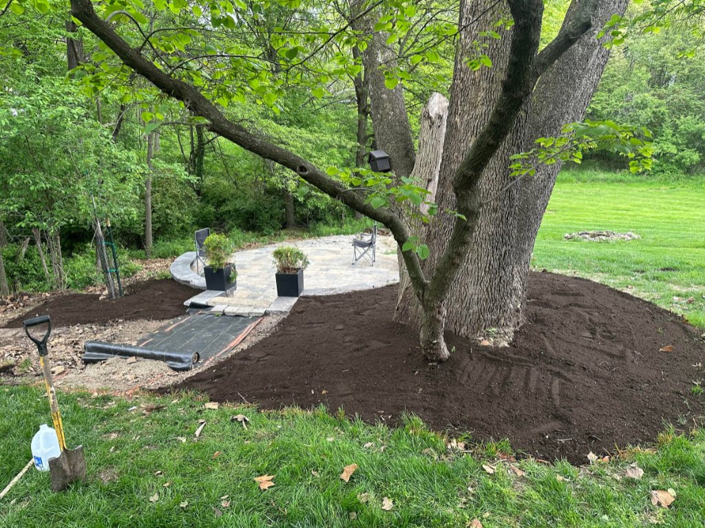 Backyard landscape installation with new tree planting and mulched garden beds in Johnson County